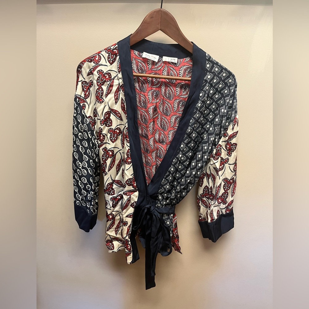 Anthropologie Red and Blue Patterned Kimono Top